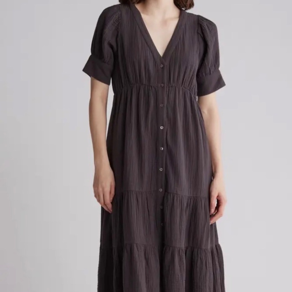 Madewell Black Tiered Button Front Midi Dress 14W Plus Size Cotton